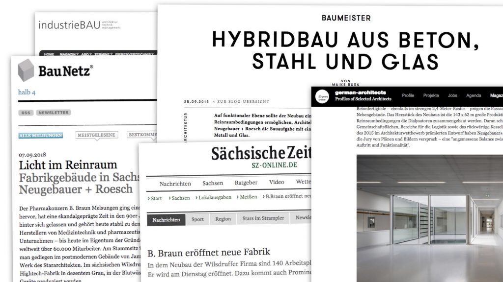 Screenshots: Presse-Veröffentlichungen über den Neubau einer Filterfabrik von Neugebauer + Roesch Architekten (Stuttgart)